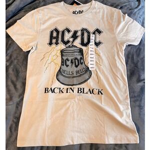 ACDC Hells Bells Back in Black Graphic T-Shirt Mens Small Cream Rock Band Tee